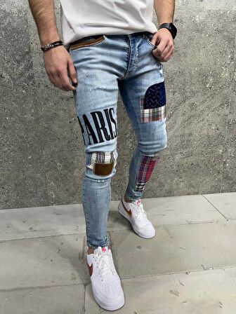 Premium Paris Patched Slim Fit Erkek Kot Pantolon Mavi