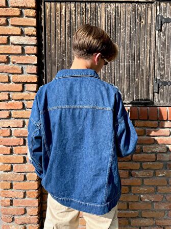 Premium Oversized Distressed Kot Ceket Mavi