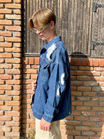 Premium Oversized Distressed Kot Ceket Mavi