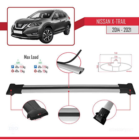 Nissan X-Trail 3 (T32) 2014-2021 Arası ile Uyumlu FLY Model Ara Atkı Tavan Barı Gri 2 Adet