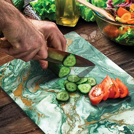 Decovetro Cam Kesme Tahtası Yeşil Gold Mermer Desenli 30x40 Cm