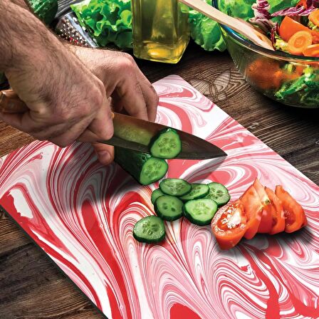 Decovetro Cam Kesme Tahtası Kırmızı Ebru Desenli 20x30 Cm