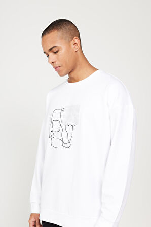 Erkek Beyaz Oversize Bol Kesim Bisiklet Yaka Baskılı Rahat Sweatshirt