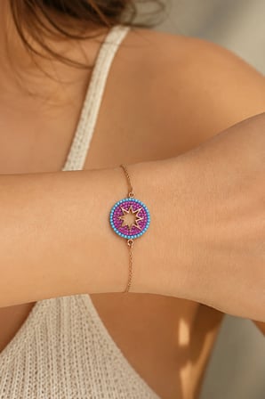 925 Ayar Gümüş Renkli Taşlı Kuzey Yıldızı Gümüş Bileklik B032001