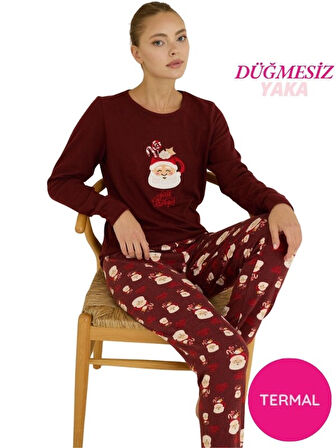 Kadın Bisiklet Yaka Düğmesiz Bilekler Lastikli/Jogger Yumuşak Termal Kışlık Pijama Takımı