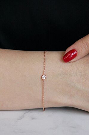 Zirkon Tek Taşlı 925 Ayar Gümüş Rose Bileklik - B034701