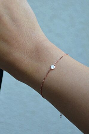 Zirkon Tek Taşlı 925 Ayar Gümüş Rose Bileklik - B034701