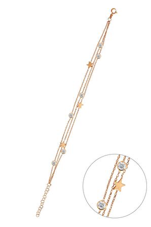 Yıldızlı ve Taşlı 925 Ayar Gümüş Üç Zincirli Rose Bileklik - B041101