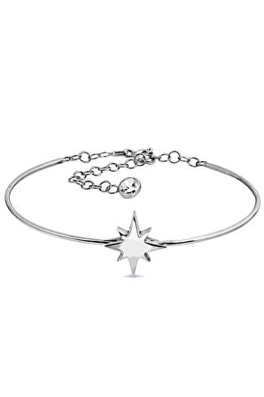 Kuzey Yıldızı Motifli 925 Ayar Gümüş Bilekten Geçmeli Kelepçe - B041601