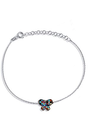 Renkli Taşlı 925 Ayar Gümüş Kelebek Bileklik - B052901