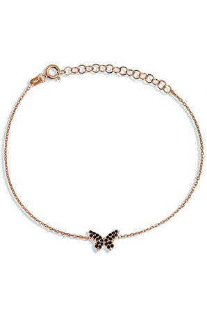 Siyah Taşlı 925 Ayar Gümüş Rose Kelebek Bileklik - B054201