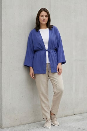 Kadın Mor Kimono Ceket Oversize Bağlamalı Salaş Yazlık Kimono Hırka