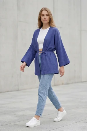 Kadın Mor Kimono Ceket Oversize Bağlamalı Salaş Yazlık Kimono Hırka