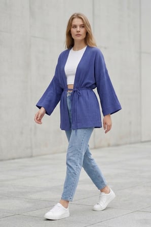Kadın Mor Kimono Ceket Oversize Bağlamalı Salaş Yazlık Kimono Hırka