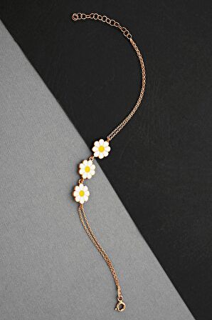 925 Ayar Gümüş Üçlü Rose Papatya Dizisi Bileklik - B076401