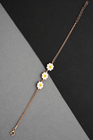 925 Ayar Gümüş Üçlü Rose Papatya Dizisi Bileklik - B076401