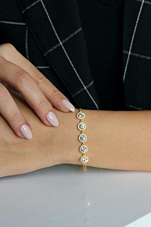 Altın Kaplamalı 925 Ayar Gümüş Zirkon Taşlı Su Yolu Bileklik - B077101