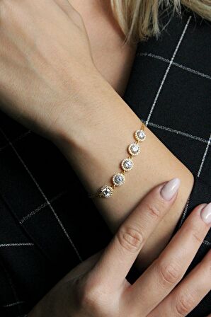 Altın Kaplamalı 925 Ayar Gümüş Zirkon Taşlı Su Yolu Bileklik - B077101