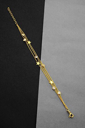 Altın Kaplamalı 925 Ayar Gümüş Yıldızlı ve Taşlı Üç Zincirli Bileklik - B080701