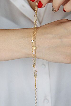 Altın Kaplamalı 925 Ayar Gümüş Yıldızlı ve Taşlı Üç Zincirli Bileklik - B080701