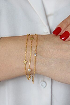 Altın Kaplamalı 925 Ayar Gümüş Yıldızlı ve Taşlı Üç Zincirli Bileklik - B080701