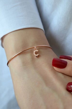 925 Ayar Gümüş Rose Ç Harfi Kelepçe Bileklik - 45087501