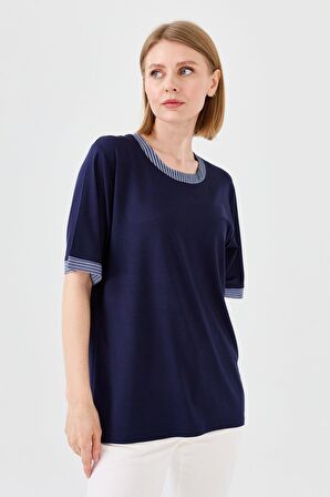 Kadın Sıfır Yaka Zincir Bantlı Penye T-shirt Lacivert