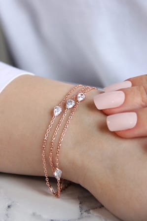 925 Ayar Gümüş Üç Zincirli Damla Taşlı Rose Bileklik - 45097401