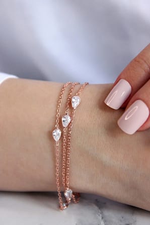 925 Ayar Gümüş Üç Zincirli Damla Taşlı Rose Bileklik - 45097401