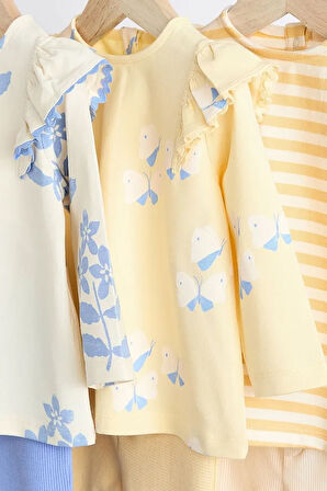 % 100 Pamuklu Mavi Sarı Çiçek Desenli Uzun Kollu 3’lü Alt Üst Takım