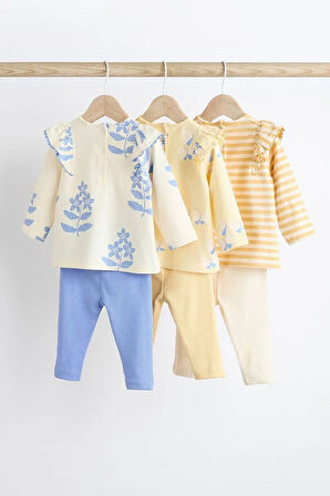 % 100 Pamuklu Mavi Sarı Çiçek Desenli Uzun Kollu 3’lü Alt Üst Takım