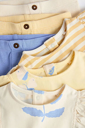 % 100 Pamuklu Mavi Sarı Çiçek Desenli Uzun Kollu 3’lü Alt Üst Takım