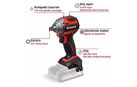 Einhell TP-CW 18/260-C Li BL - Solo Kömürsüz Akülü Darbeli Somun Sıkma (Akü ve Şarj Hariç) - 4510090