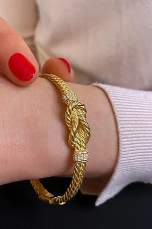 18k Altın Kaplamalı 925 Ayar Gümüş Gemici Düğümü Halat Kelepçe Bileklik - 45101801