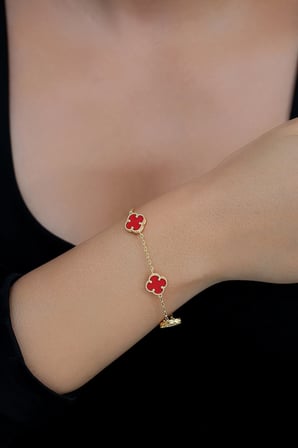 14k Altın Kaplamalı 925 Ayar Gümüş Granada Saray Yoncası Bileklik - Kırmızı 45103001