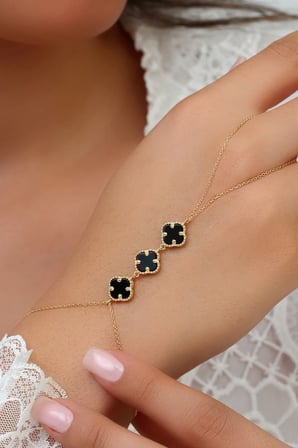 14K Altın Kaplamalı 925 Ayar Gümüş Granada Saray Yoncaları Şahmeran - Siyah Oniks 45103202