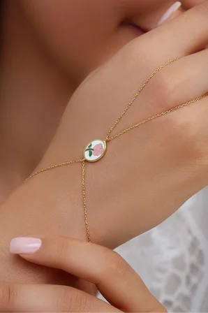 14K Altın Kaplamalı 925 Ayar Gümüş Mine Gül Motifli Şahmeran - 45103402