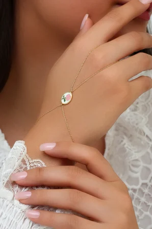 14K Altın Kaplamalı 925 Ayar Gümüş Mine Gül Motifli Şahmeran - 45103402