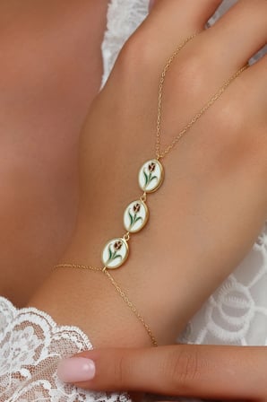 14K Altın Kaplamalı 925 Ayar Gümüş Üçlü Mine Lale Motifli Şahmeran - 45103502