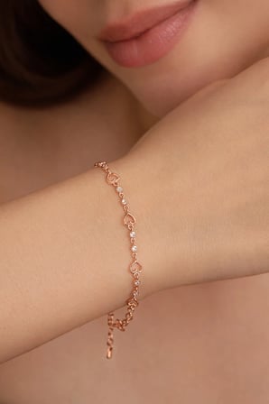 925 Ayar Gümüş Rose Zirkon Taşlı Kalp Dizisi Bileklik - 45105801