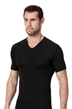 Erkek Siyah Kısa Kollu V Yaka Termal Fanila