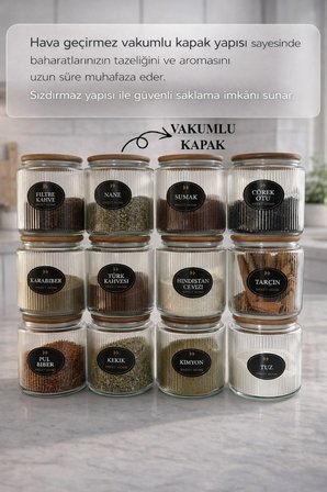 Etiketli, Vakumlu Kapaklı Ve Kaşıklı 12'li Lüx Baharat Takımı