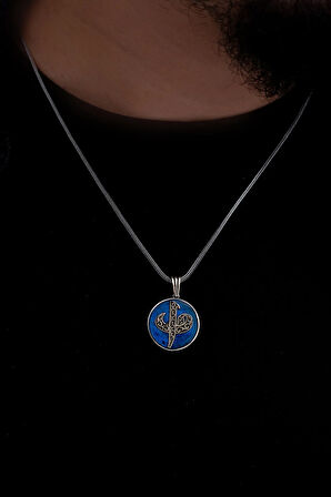 Erkek Gümüş Kolye - Vav Elif Yazılı Mavi Renkli Gümüş Kolye