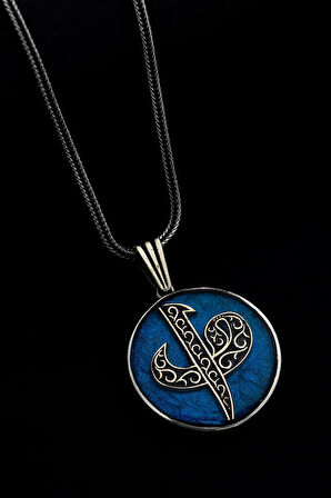 Erkek Gümüş Kolye - Vav Elif Yazılı Mavi Renkli Gümüş Kolye