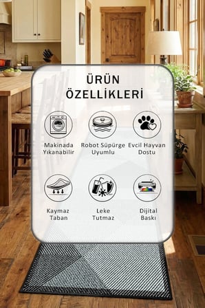 Siyah Yıkanabilir Kaymaz Taban Dijital Baskılı Mutfak Halısı