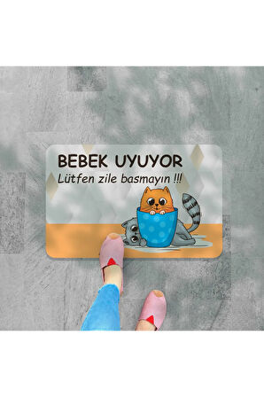 Bebek uyuyor Lütfen zile basmayın yazılır Dekoratif Dış Kapı Önü ve Iç Mekan Paspası yıkanabilir