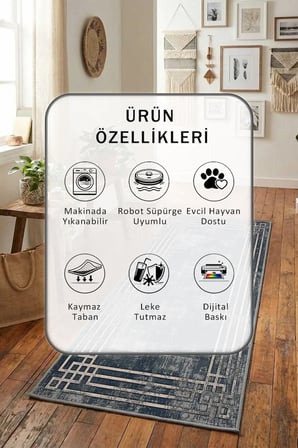 Yıkanabilir Yolluk Halı Kaymaz Taban Salon Mutfak Antrasit