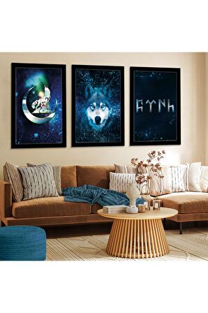 Gold Aynalı Pleksi Çerçeveli Kolaj Çizim Üçlü Mdf Tablo Seti Ve Saat Seti