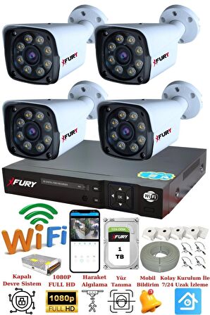 FURY 4 Kameralı 5mp Lensli 1080p 2mp Color Görüntü 8 Warm Led Gece Görüşlü FullHd Güvenlik Kamera Sistemi 1TB