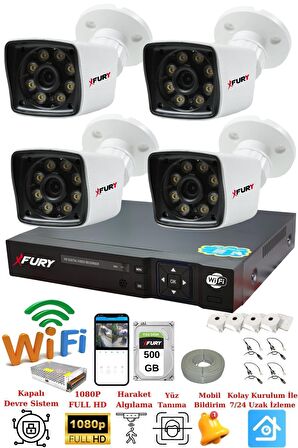 FURY 4 Kameralı 5mp Lens 1080p 2mp Color Görüntü 8 Warm Led Gece Görüş FullHd Güvenlik Kamera 5525W 500GB